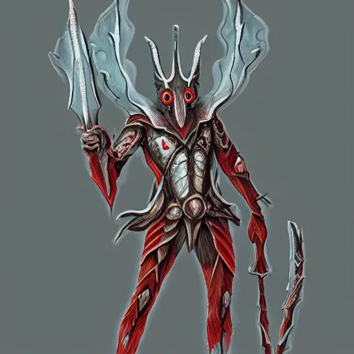 Image similar to An elf with an ashen complexion, large red eyes without irises. Body decorated with insectoid armour. Priest of a long, long forgotten god.