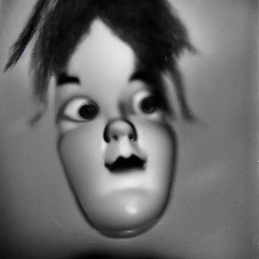 Image similar to a close - up, black and white studio photographic portrait of a doll with a broken face, dramatic backlighting, 1 9 4 0 photo from life magazine