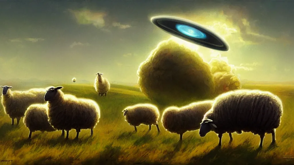 Prompt: sheep in a field being abducted by a ufo!, pastel cartoon, highly detailed, digital painting, artstation, concept art, smooth, sharp focus, illustration, art by simon bisley and greg rutkowski and alphonse mucha