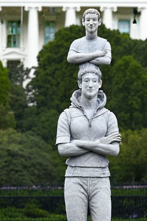 Image similar to A beautiful stone statue of Mark Zuckerberg in front of the White House, photo by Steve McCurry, heroic pose, detailed, smooth, smiling, professional photographer, wearing vr headset,