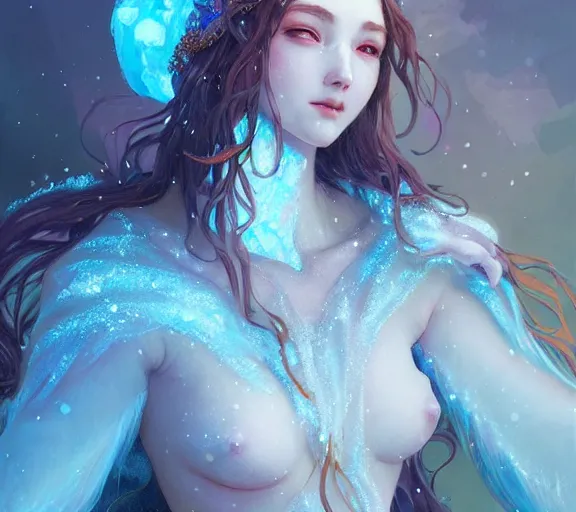 Prompt: beautiful ancient frost witch, fire in eye, snow glow, pool party, highly detailed, digital painting, artstation, sharp focus, illustration, art by tan zi and ayanamikodon and alphonse mucha and wlop!!!