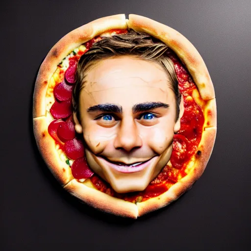 Prompt: epic professional digital award winning food photo of a pizza shaped like zaz efron's face, artstation, cgsociety, epic, stunning, gorgeous, much wow, much detail