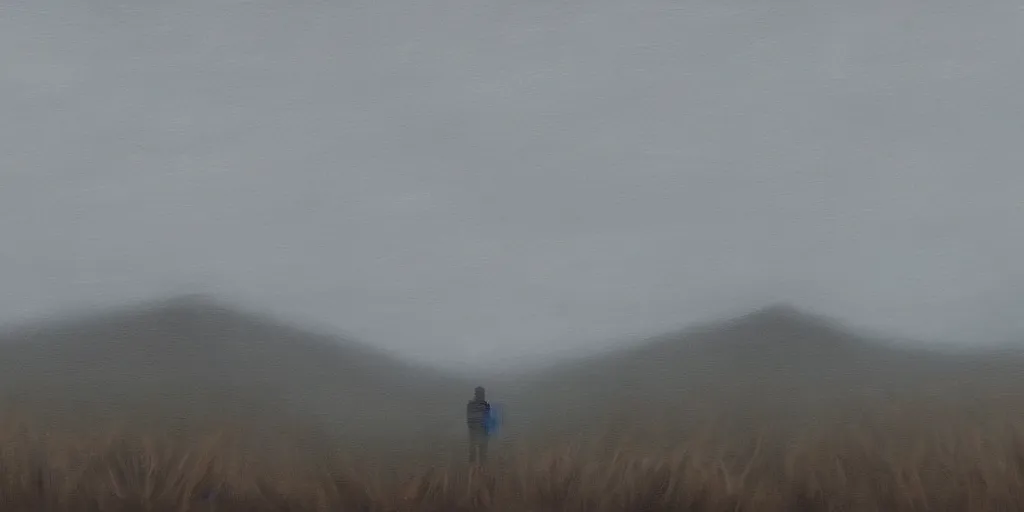 Prompt: jon hale painting of twin peaks, ominous, foggy, lone figure of dale cooper in distance, lonely, visible brush strokes, blurry, hd image
