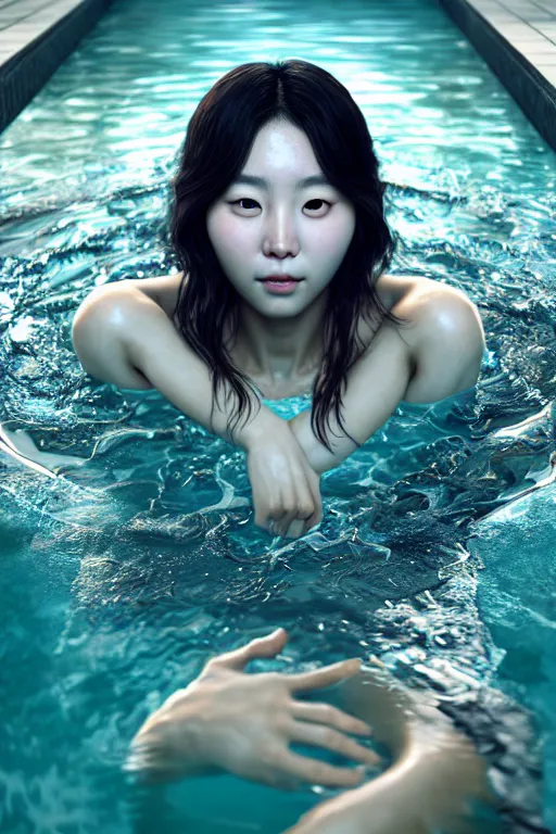Prompt: portrait of hoyeon jung, face emerging from pool of water with high detail, 8 k, stunning detail, photo by artgerm, greg rutkowski and alphonse mucha, unreal engine 5, 4 k uhd