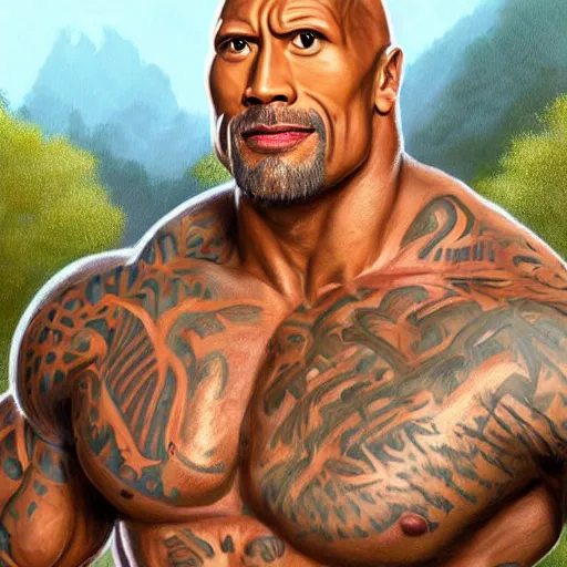 Image similar to clear portrait of dwayne johnson, adorable appearance!!!, golden hour, happy apearance, cottagecore!!, background hyper detailed, character concept, full body, dynamic pose, intricate, elegant, highly detailed, digital painting, artstation, concept art, smooth, sharp focus, illustration, art by artgerm and greg rutkowski and alphonse mucha