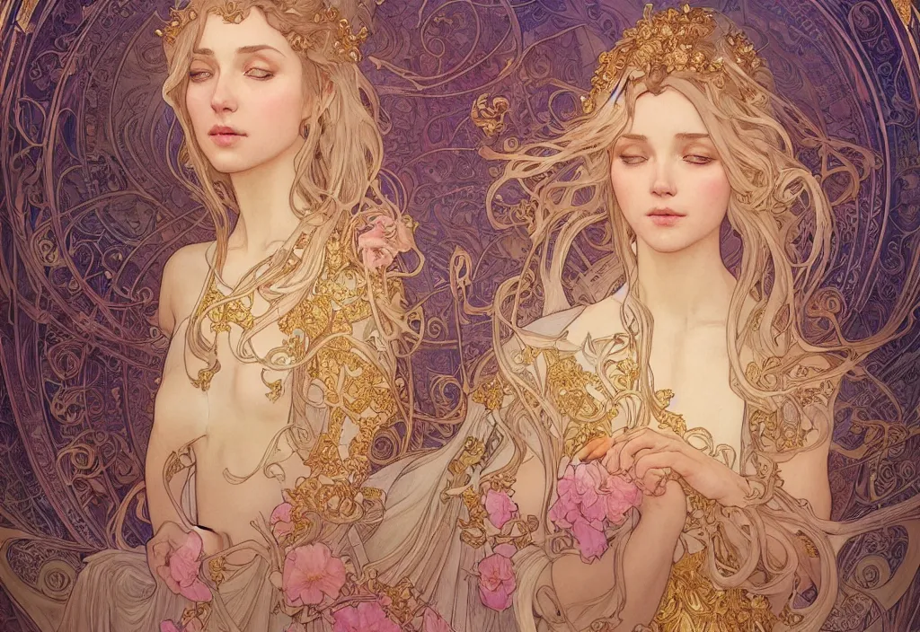 Image similar to an angel, highly detailed, very intricate, art nouveau, gold filigree, romantic storybook fantasy, soft cinematic lighting, award - winning, disney concept art watercolor illustration by mandy jurgens and alphonse mucha and alena aenami, pastel color palette, featured on artstation