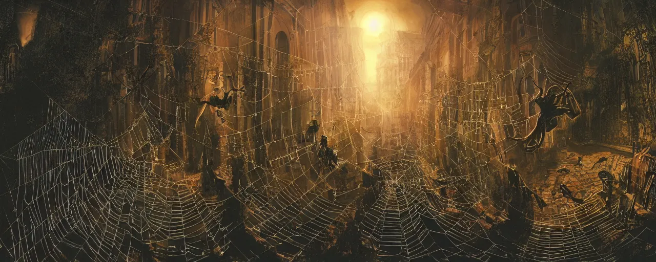 Prompt: Spider stealing past softly through the shadow of the evening sun, background of windows of the blissfully dead, a tangle of spider webs, surrealistic, fisheye, dark, matte painting by Jeffrey Smith and Dan Mumford and Ernst Haeckel, trending on artstationhq, 4k HDR