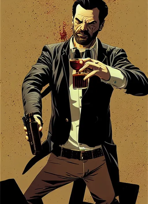 Image similar to poster artwork by Michael Whelan and Tomer Hanuka, a portrait of Max Payne drinking whisky, clean