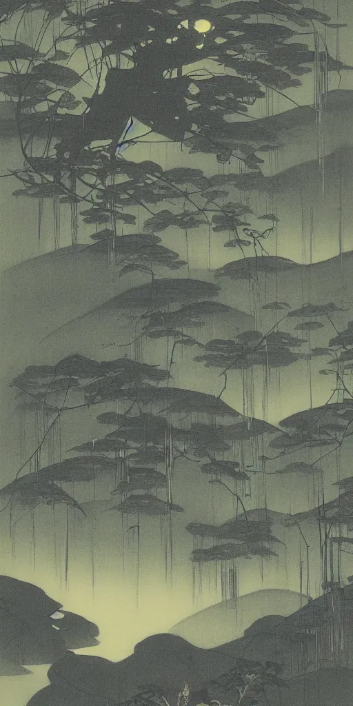 Image similar to rainforest at night by ohara koson, 1 9 1 0