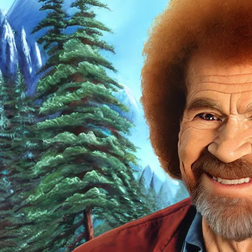 Prompt: a closeup photorealistic photograph of bob ross with a paintbrush, diligently finishing a canvas painting of iron man. mountains and trees. film still. brightly lit scene. this 4 k hd image is trending on artstation, featured on behance, well - rendered, extra crisp, features intricate detail, epic composition and the style of unreal engine.