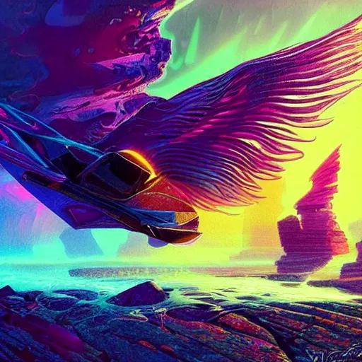 Image similar to psychedelic tron wings in front of a lsd sunset, cliffside ocean scene, diffuse lighting, hyper realistic, elegant, intricate, hyper detailed, smooth, sharp focus, concept art, illustration, trending on artstation, art by artem demura, greg rutkowski, james gurney, and alphonse mucha