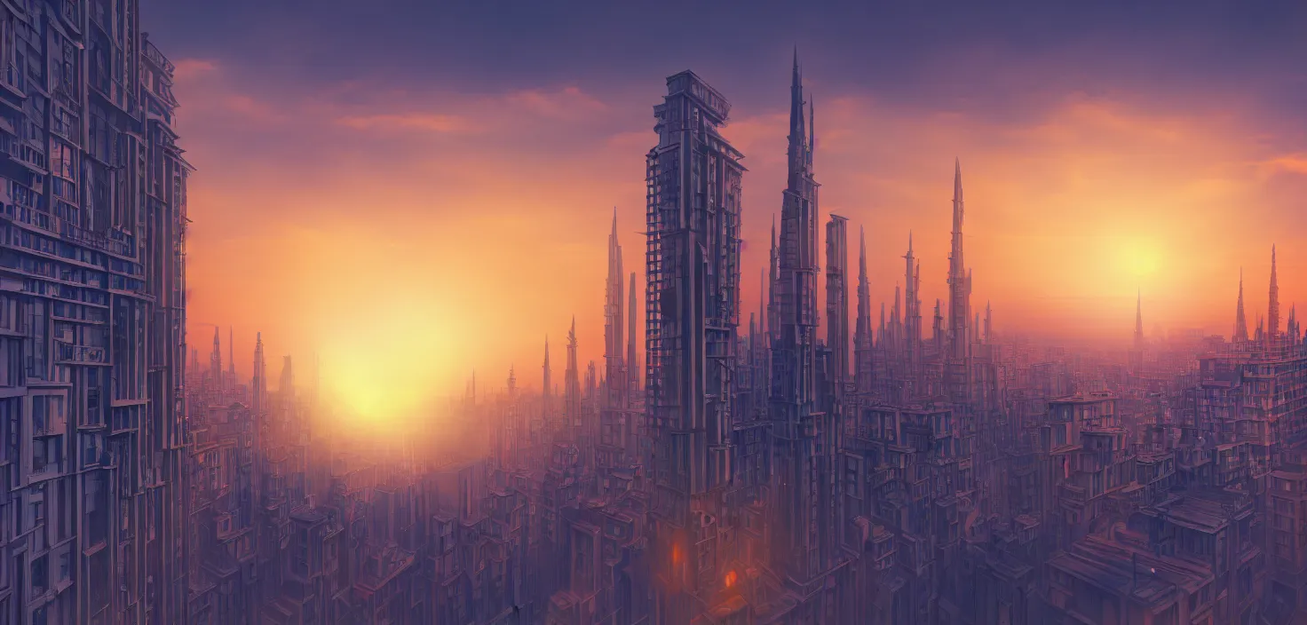 Prompt: studio ghiblli city, sunrise, 8 k denoised, high detail