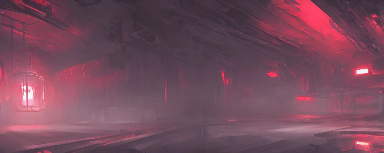 Image similar to inside the reactor room of an alien spaceship, glowing red rector core, mist, atmospheric, artstation