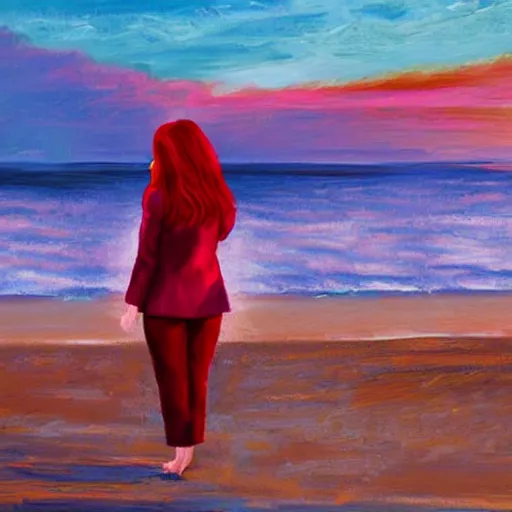 Image similar to lonely young woman with red hair magenta coat and light blue pants wandering a beach at sunset, stylized oil painting, warm lighting, city skyline in background, swimming pool in foreground