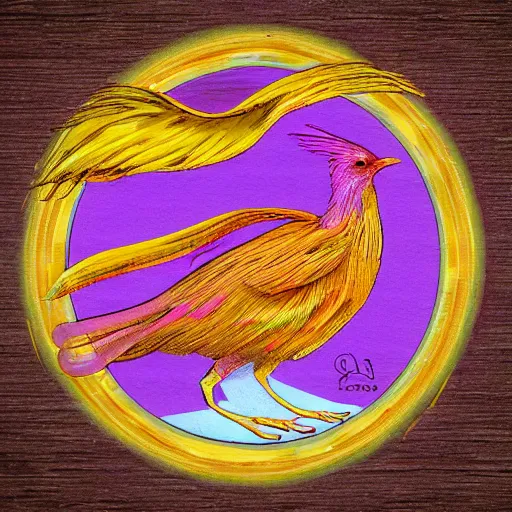 Prompt: phoenix salt bird round composition rebirth orange purple symbolism swirl tail feather graphic design