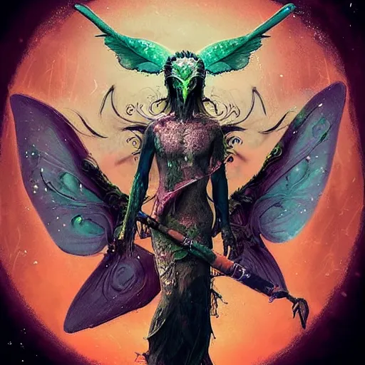 Prompt: scary godlike fairy killing a frog violently , petite , upper body , epic , traditional makeup , gorgeous features , Post-processing , low angle , Greg rutkowski legendary matte painting , masterpiece , 8K centered headshot Portrait of a psychedelic godlike mothman posing with a cigar with giant mandala wings smoking a hand-rolled cigarette smoking heavily , magic mushroom village in background , post-processing , award winning. superb resolution. in the art style of Satoshi Kon and Greg Rutkowski , Detailed Mushroom city in background , Hyper realistic anime , Perfect art , Dalle2