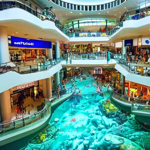 Image similar to photo of inside a shopping mall the inside is flooded with over 2 0 meters depth of clear water, highly detailed.