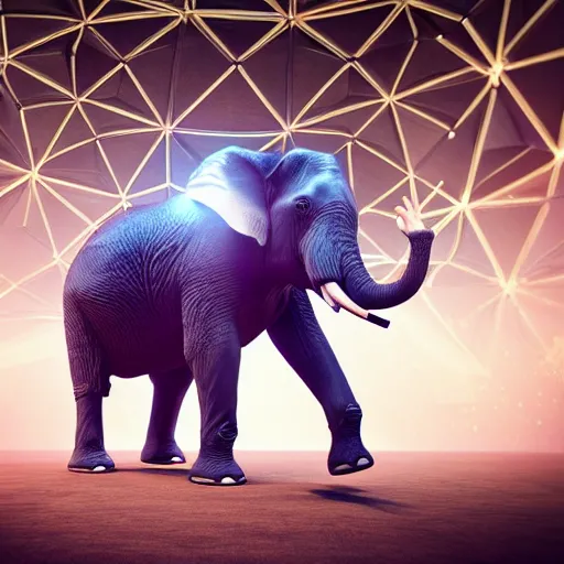 Prompt: a hyperrealistic photograph 3D octane render of an elephant wearing virtual reality goggles playing a synthesizer inside of a geodesic dome planetarium with planets and galaxies, trending on artstation, 8k, 4K, dramatic lighting, glowing, volumetric lighting, ray tracing, unreal engine