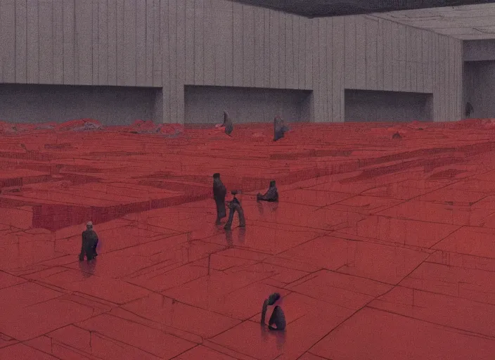 Image similar to flooded floor inside Amazon fulfillment center, people stacked on shelves in red plastic bags, flooded Edward Hopper and James Gilleard, Zdzislaw Beksinski, highly detailed