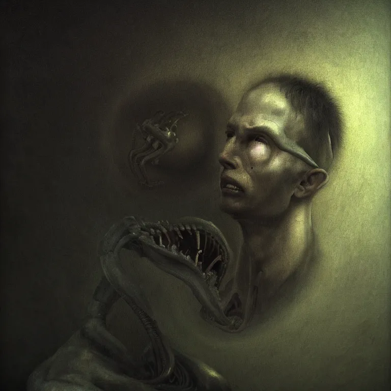 Image similar to portrait of a man covered by xenomorph by hieronymus bosch, soft bloom lucid dream - like ethereal dark atmosphere, baroque portrait painting, perfect composition, intricate detailed octane render trending on artstation, 8 k artistic photography, volumetric cinematic perfect light, chiaroscuro, masterpiece, raphael, caravaggio, rutkowski, beeple, beksinski