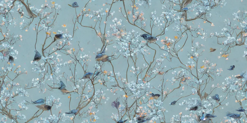 Prompt: breathtaking detailed concept art painting pattern of goddesses of light blue flowers with anxious piercing eyes and blend of flowers and birds, by hsiao - ron cheng and john james audubon, bizarre compositions, exquisite detail, extremely moody lighting, 8 k