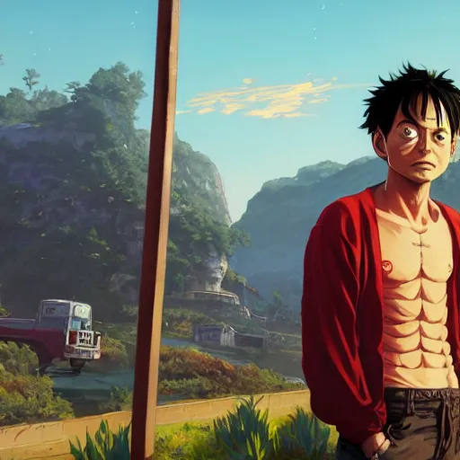 Image similar to highly detailed portrait luffy in gta v, stephen bliss, unreal engine, fantasy art by greg rutkowski, loish, rhads, ferdinand knab, makoto shinkai and lois van baarle, ilya kuvshinov, rossdraws, tom bagshaw, global illumination, radiant light, detailed and intricate environment