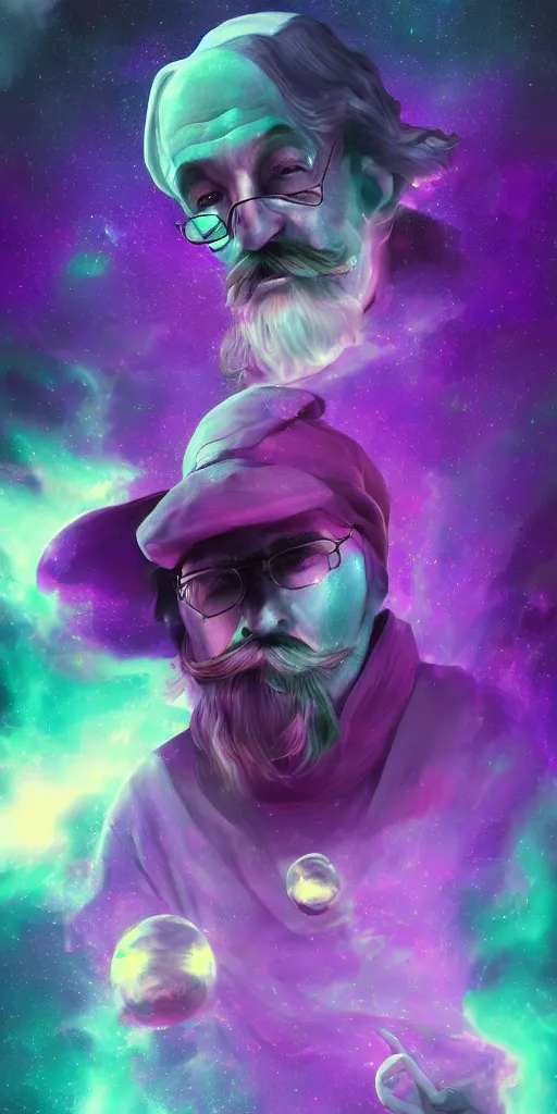 Image similar to a wizard with a salvador dali moustache in space, purple and green colors, digital painting, volumetric lighting, 8k, artstation