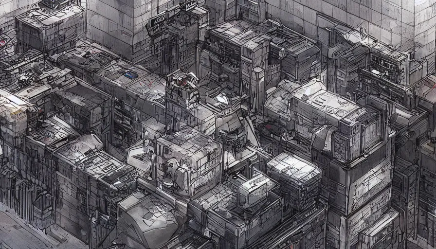 Prompt: Concept Art Illustration of neo-Tokyo Maximum Security Bank, in the Style of Akira, Syndicate Corporation, Anime, Dystopian, Highly Detailed, Helipad, Special Forces Security, Blockchain Vault, Searchlights, Shipping Docks, Shipping Containers of Money :2 by Katsuhiro Otomo : 8