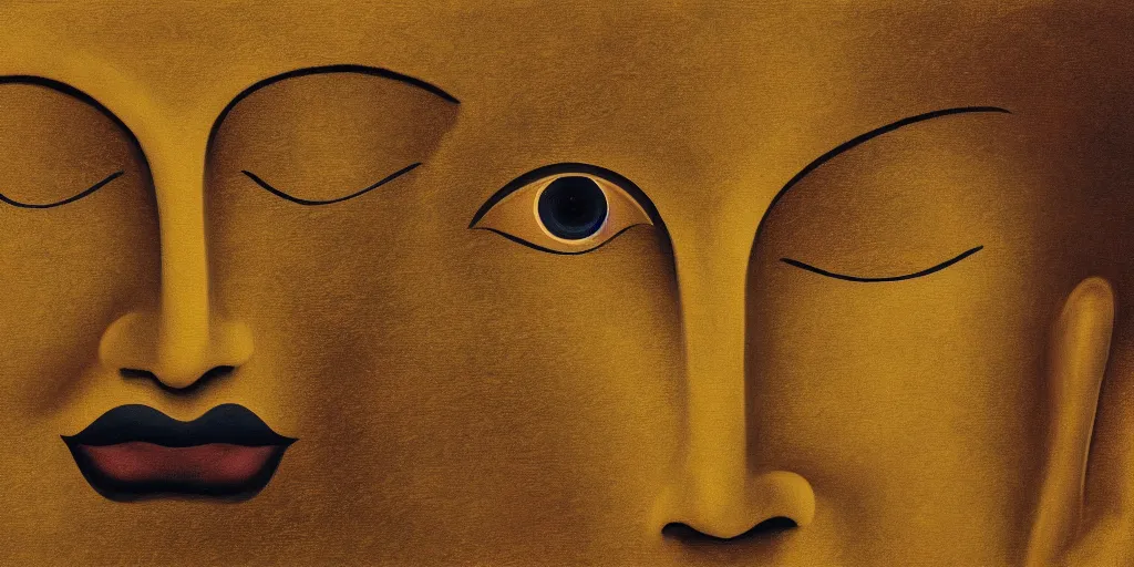 Image similar to a surreal painting of giant buddahs eyes floating in the desert in gold color palette