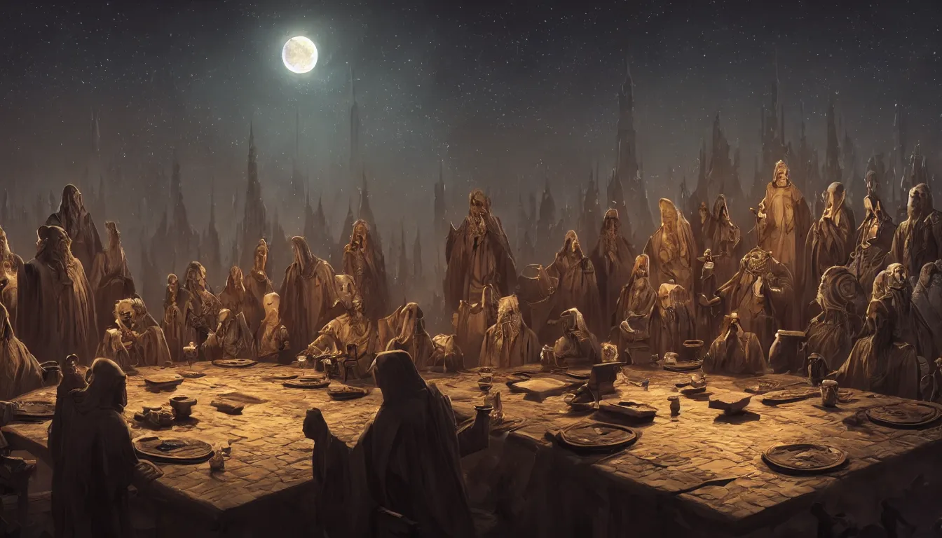 Prompt: A meeting of the council of elders, robed figures sat around a table, beautiful architecture, night time, stars visible, beautiful moon light, concept art, fantasy art, digital art by michal karcz, trending on artstation, highly detailed, 8k