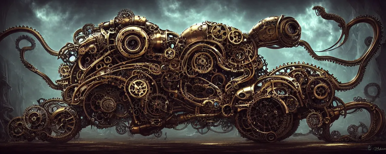 Image similar to biomechanical shiny steampunk!!! vehicle reminiscent of bugatti chiron with (glowing) lights and octopus tentacles parked in ancient mystic woods, gothic and baroque, brutalist architecture, ultradetailed, creepy ambiance, fog, artgerm, giger, Intricate by Ellen Jewett and Josan Gonzalez and Giuseppe Arcimboldo