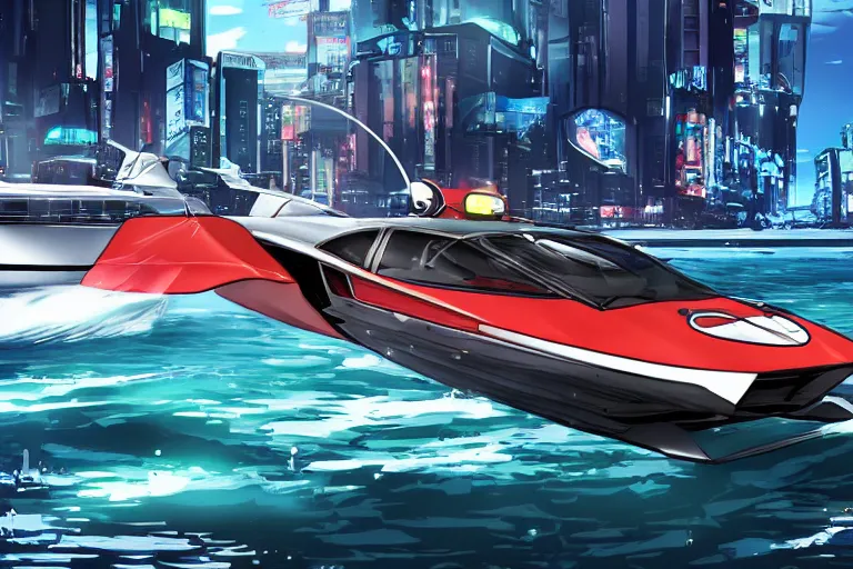 Image similar to speedboat Axopar 37 going full speed in front of shoreline city in anime cyberpunk style by Hayao Miyazaki