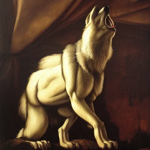 Image similar to realistic wolf fursuit, naturalistic oil painting by michelangelo merisi da caravaggio, chiaroscuro