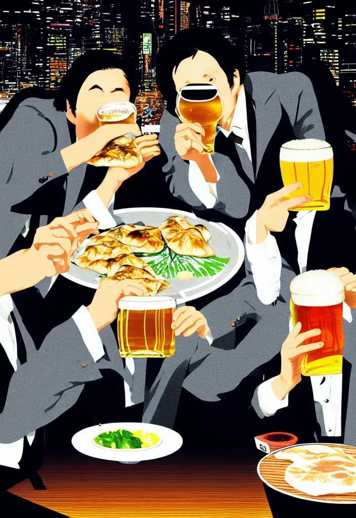 Image similar to two businessmen eating gyoza and drinking beer at an outdoor table in nighttime izakaya in shinbashi tokyo, japan, a collage painting, in the style of wes anderson, lola dupre, david hockney, isolated on negative white space background dark monochrome fluorescent neon spraypaint accents volumetric octane render