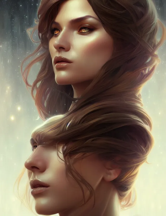 Image similar to futuristic woman portrait, sci-fi, amber eyes, face, long hair, fantasy, intricate, elegant, highly detailed, digital painting, artstation, concept art, smooth, sharp focus, illustration, art by artgerm and greg rutkowski and alphonse mucha