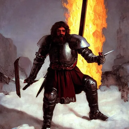 Prompt: realistic painting image of a templar knight with one mechanical hand carrying a fire sword and wielding it at the ice dragon. dramatic scene, realism, created by gustave courbet and michaelangelo, trending in artstation, fine art, smooth draw with oil painting.