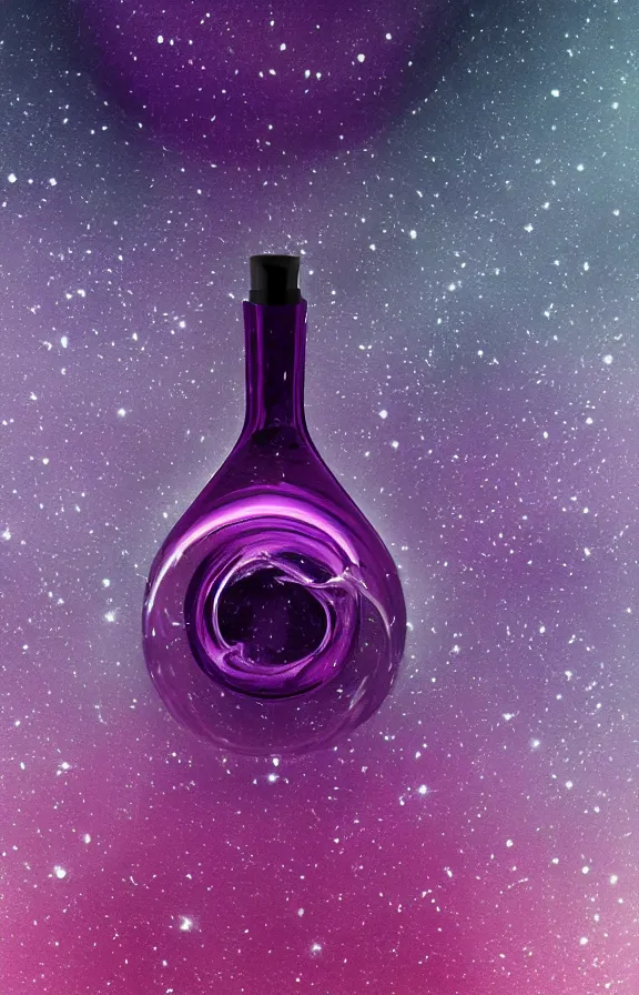 Image similar to purple liquid inside a bottle, universe background, minimalist artwork, symmetrical