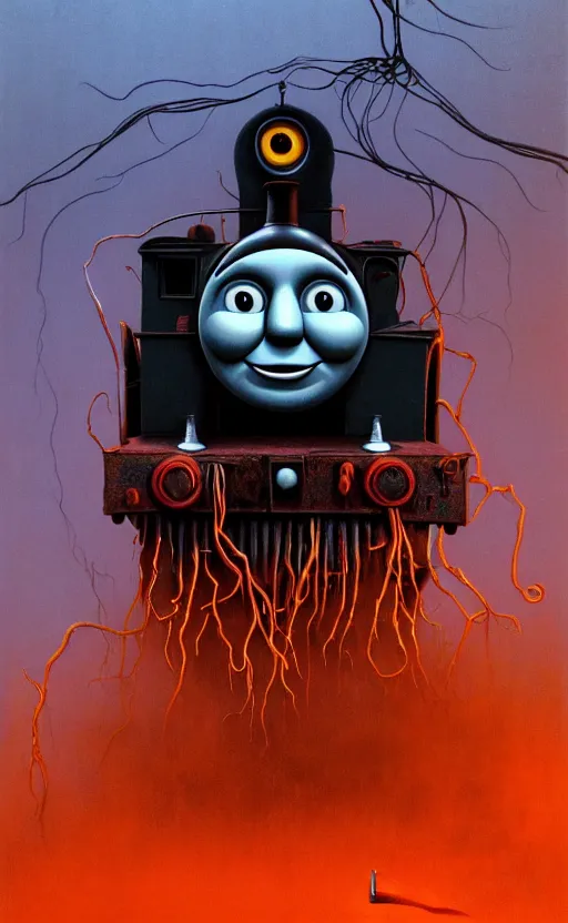 Image similar to thomas the tank engine in style of zdzisław beksinski, extremely dramatic lighting, 8 k, tendrils, black, darkness, black slime tendrils, infected, rust, body horror, thomas the train, thomas the tank engine face, horror,