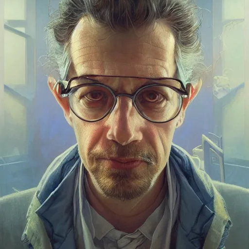 Image similar to portrait of a mad scientist in 2500, advanced technology, intricate, headshot, highly detailed, digital painting, artstation, concept art, sharp focus, cinematic lighting, illustration, art by artgerm and greg rutkowski, alphonse mucha, cgsociety