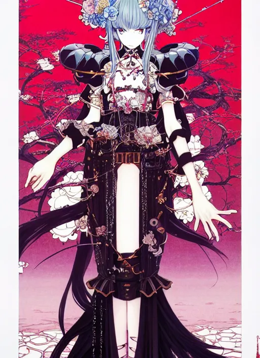 Image similar to artstation fantastic fate manga poster of princess mechine, takato yamamoto, long hair, art nouveau, armor, laces, ruffles, by katsuhiro otomo, shigenori soejima, minaba hideo, jump comics, fluorescent, illustration,, highly detailed, 8 k, maximalist,