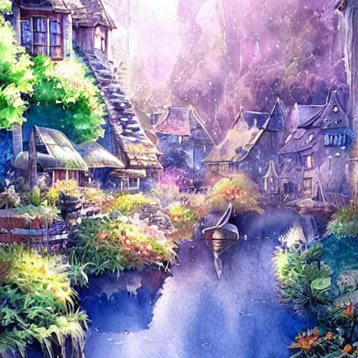Prompt: Beautiful happy picturesque charming sci-fi village in harmony with nature. Beautiful light. Water and plants. Nice colour scheme, soft warm colour. Beautiful detailed watercolor by Lurid. (2022)