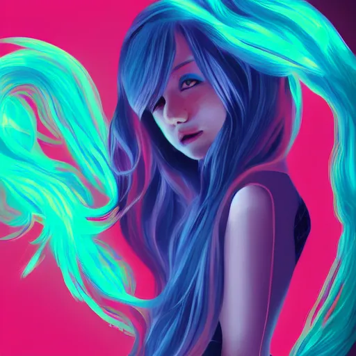 Image similar to a stylized image of a hard surfaces girl with long hair, digital art by ei - q, featured on pixiv, synchromism, flat shading, full body, metaphysical painting, speedpainting, digital painting, holographic undertones, highly saturated colors, 4 k, digital art, concept art, trending on artstation