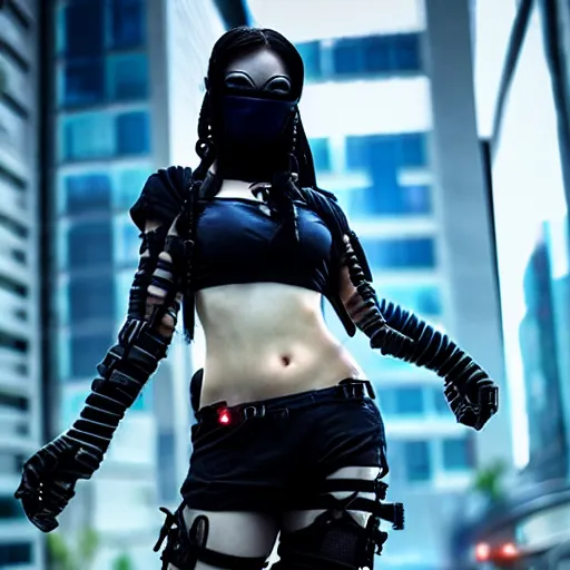 Image similar to photo of a real-life beautiful cyberpunk female ninja