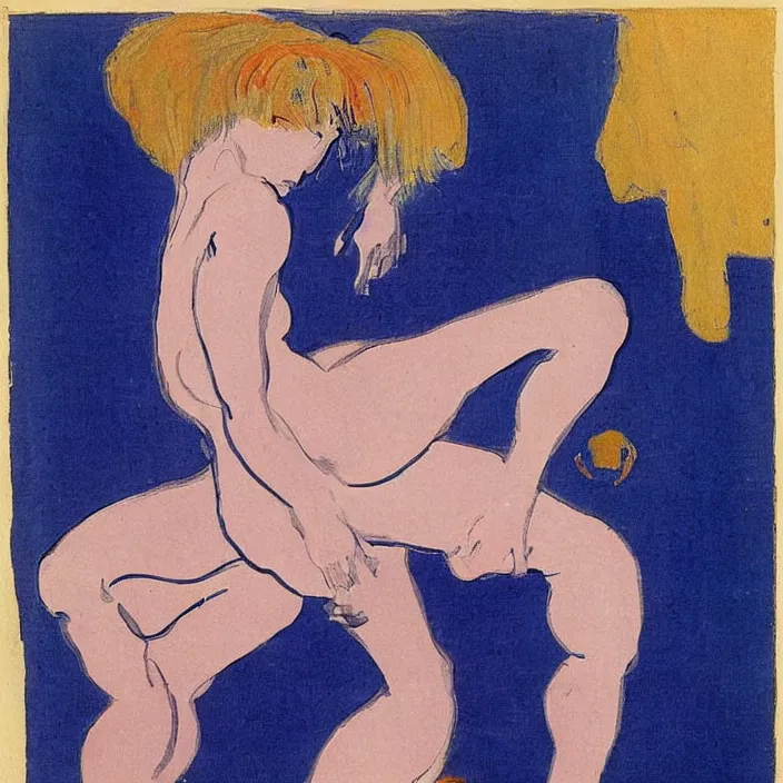 Image similar to blonde woman with scorpion. violet, cobalt blue, cherry red. henri de toulouse - lautrec, utamaro, matisse