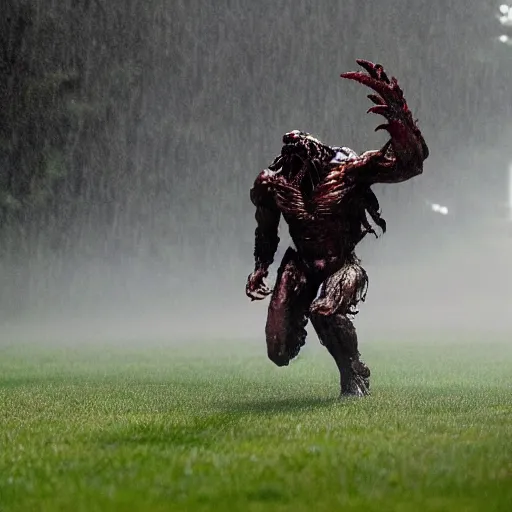 Prompt: a monster from predator is chasing joe biden on the white house lawn during a storm, dramatic