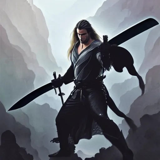 Image similar to Henry Cavill as Sephiroth wielding a katana, western, D&D, fantasy, intricate, elegant, highly detailed, digital painting, artstation, concept art, matte, sharp focus, illustration, art by Artgerm and Greg Rutkowski and Alphonse Mucha