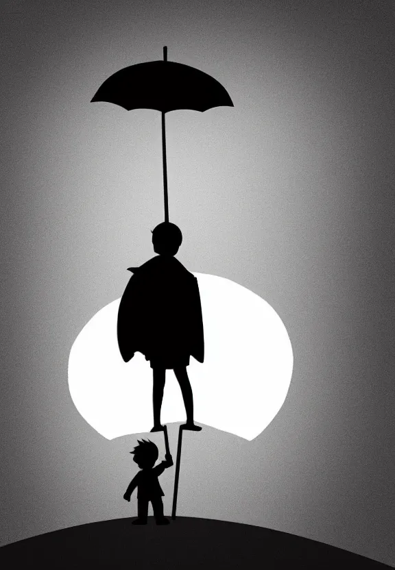 Image similar to little boy standing, holding umbrella, at night, full moon, cute anime style, black and white artwork, minimalist background