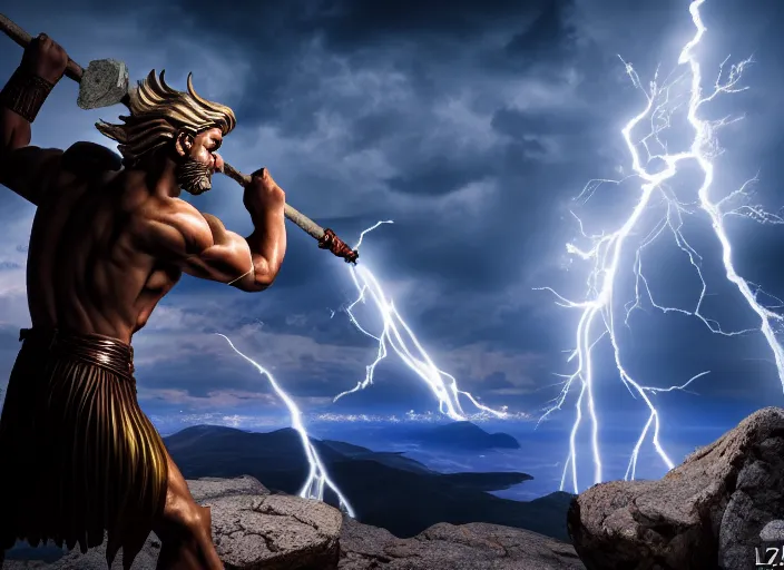 Image similar to zeus fighting chronos with a spear of lightning at the top of mount olympus. mythology style. highly detailed 8 k. intricate. lifelike. soft light. sony a 7 r iv 5 5 mm. [ cinematic post - processing ].