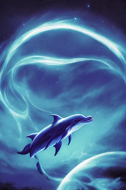 Image similar to Ethereal blue fire dolphin dolphin flying through a nebula, Sirius star system, star dust, cosmic, magical, shiny, glow,cosmos, galaxies, stars, outer space, stunning, by andreas rocha and john howe, and Martin Johnson Heade, featured on artstation, featured on behance, golden ratio, ultrawide angle, hyper detailed, photorealistic, epic composition, wide angle, f32, well composed, UE5, 8k