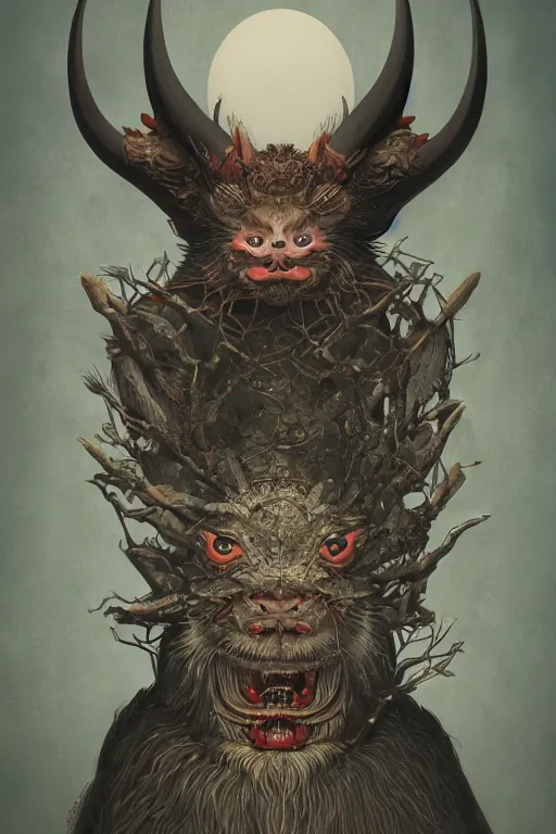 Image similar to a portrait of a symmetrical japanese devil animal illustrated by miyazaki by karol bak, james jean, tom bagshaw, rococo, sharp focus, trending on artstation, cinematic lighting, hyper realism, octane render, 8 k, hyper detailed, vivid, ultra detailed, highly detailed